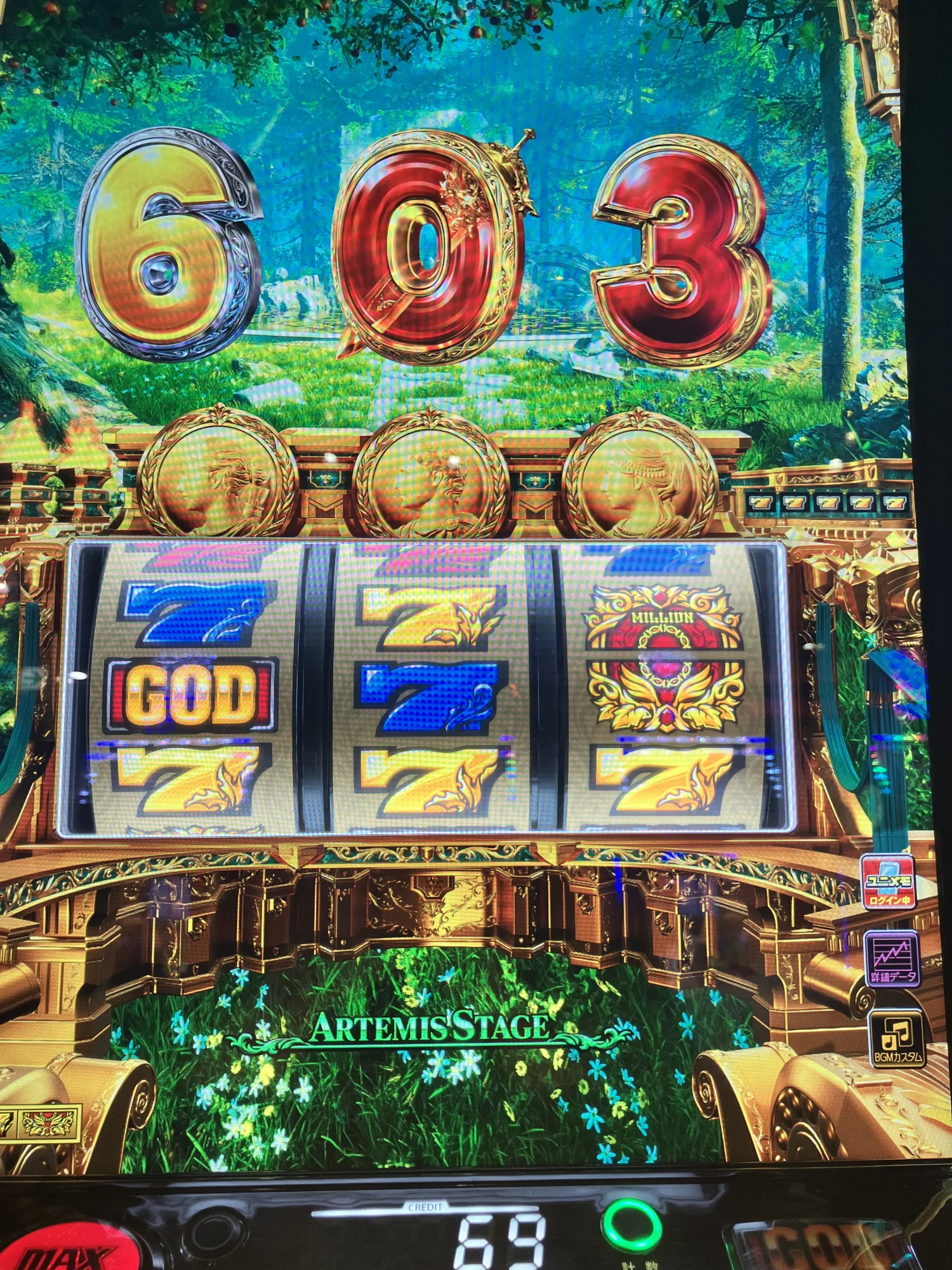 「603」という数字とGOD文字が並ぶリール演出。黄7を5連させて迎えた当たり演出の場面